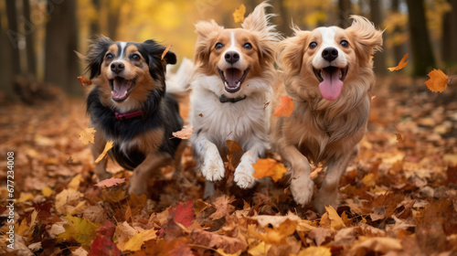 Dogs playing in the fall leaves