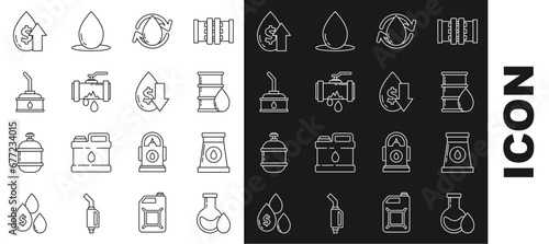 Set line Oil petrol test tube, and gas industrial factory building, Barrel oil, drop, Broken metal pipe with leaking water, Canister for motor machine, price increase and Drop crude icon. Vector