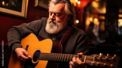 Musician playing guitar in Irish pub trad music session  photo