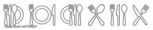 Tableware thin line icon set of fork, knife, spoon. Logotype menu. Cutlery and crockery sign. Flat style eating utensils symbol collection. Vector illustration
