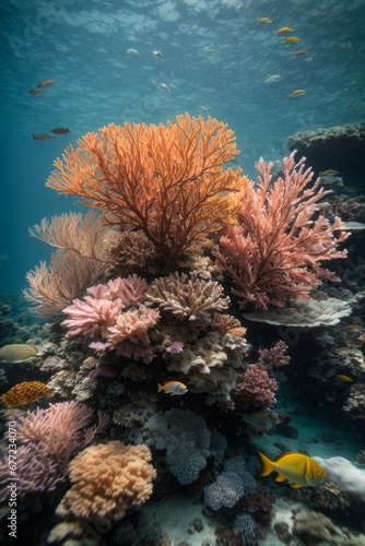 Amazing underwater world with coral reefs, color fish in the sea. Ecosystem, ocean, nature, flora and fauna concepts