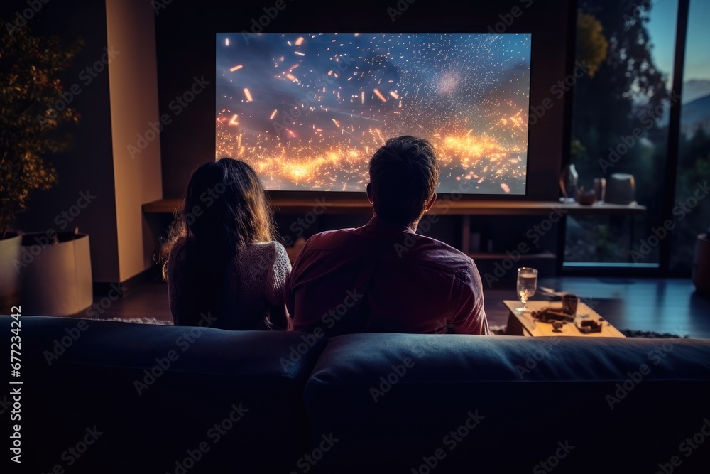 Cozy Movie Night: Young Couple Enjoying a Relaxing Evening Watching TV Together in Their Modern Living Room Cozy Movie Night: Young Couple Enjoying a Relaxing Evening Watching TV Together in Their Modern Living Room