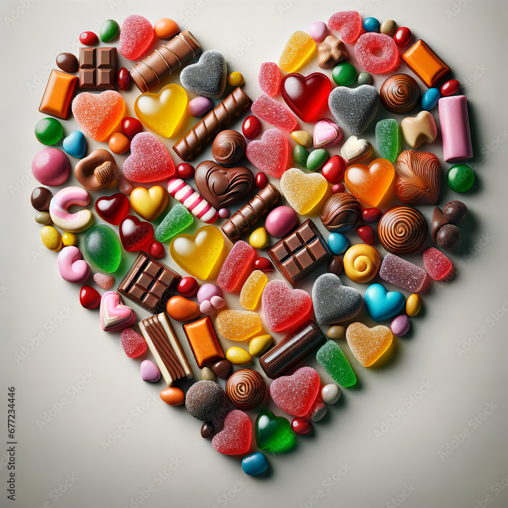 A photo-realistic image of various candies arranged in a heart shape A photo-realistic image of various candies arranged in a heart shape