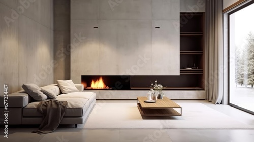 Minimalist style interior design of modern living room with fireplace and concrete walls Created with generative AI 