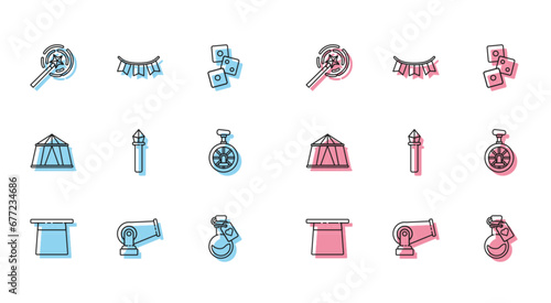 Set line Magician hat, Cannon, wand, Bottle with love potion, staff, Unicycle or one wheel bicycle, Circus tent and Carnival garland flags icon. Vector