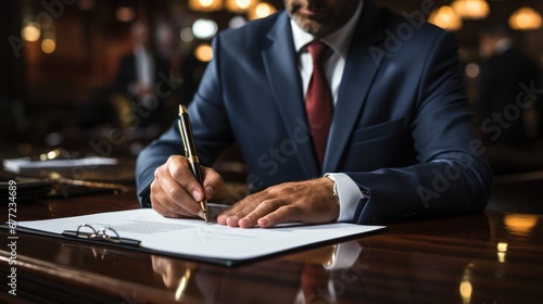 Businessman signing document with pen