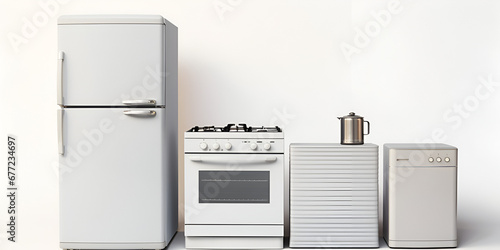 A silver fridge an oven and dryer lined up side by side on white background ,3d set of home appliances on white background with generative ai

