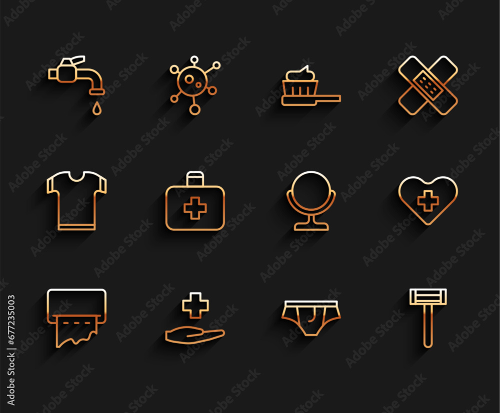 Set line Paper towel dispenser on wall, Cross hospital medical, Water tap, Underwear, Shaving razor, First aid kit, Heart with cross and Round makeup mirror icon. Vector Set line Paper towel dispenser on wall, Cross hospital medical, Water tap, Underwear, Shaving razor, First aid kit, Heart with cross and Round makeup mirror icon. Vector