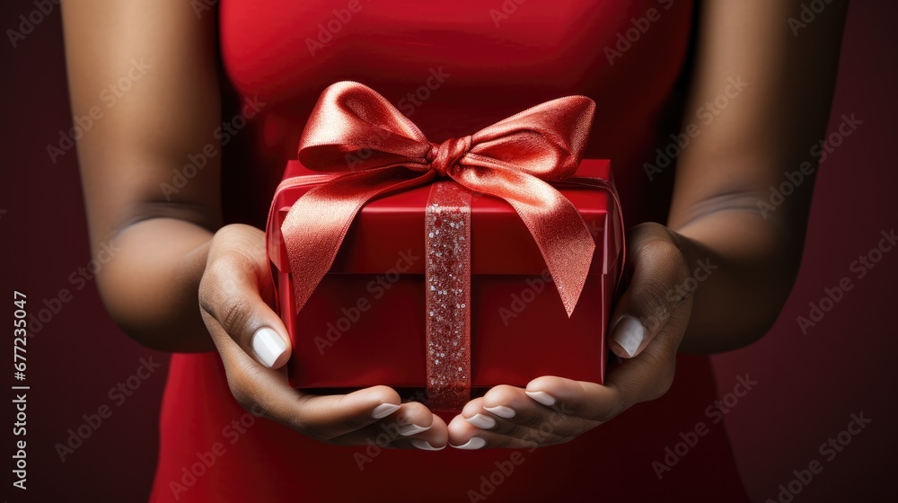 Woman holding hands red gift box Woman holding hands red gift box