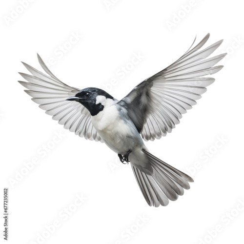 a black and white bird is flying through the air