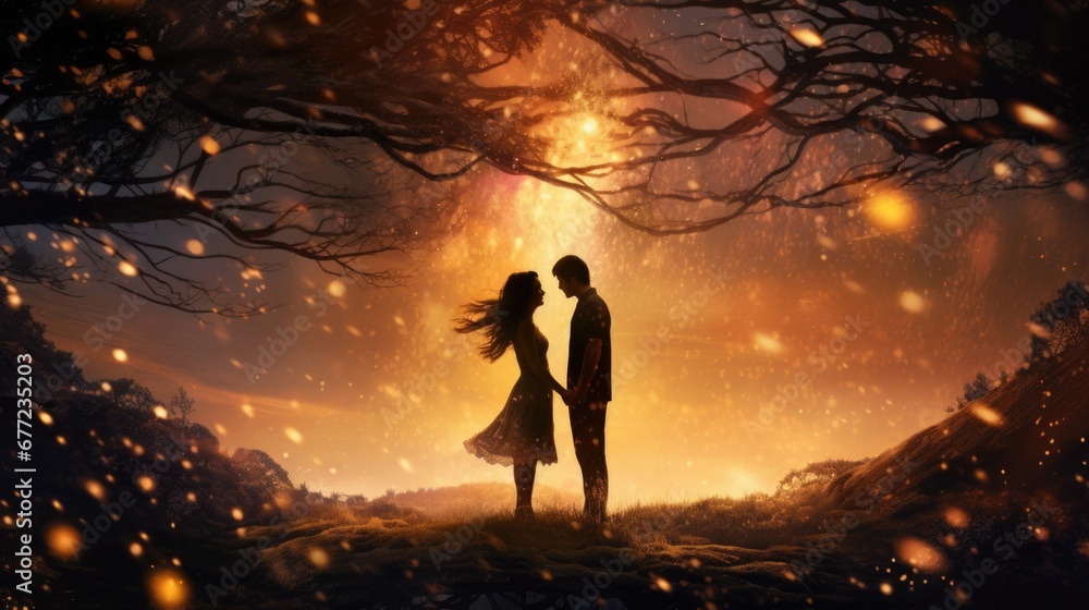 Romantic silhouette against glowing backdrop, couple in magical forest scene.