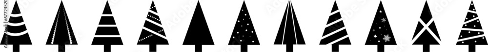 Merry Christmas and Happy New Year. Collection of fir trees. Black and white design. Simple signs, symbols. Vector illustration Merry Christmas and Happy New Year. Collection of fir trees. Black and white design. Simple signs, symbols. Vector illustration