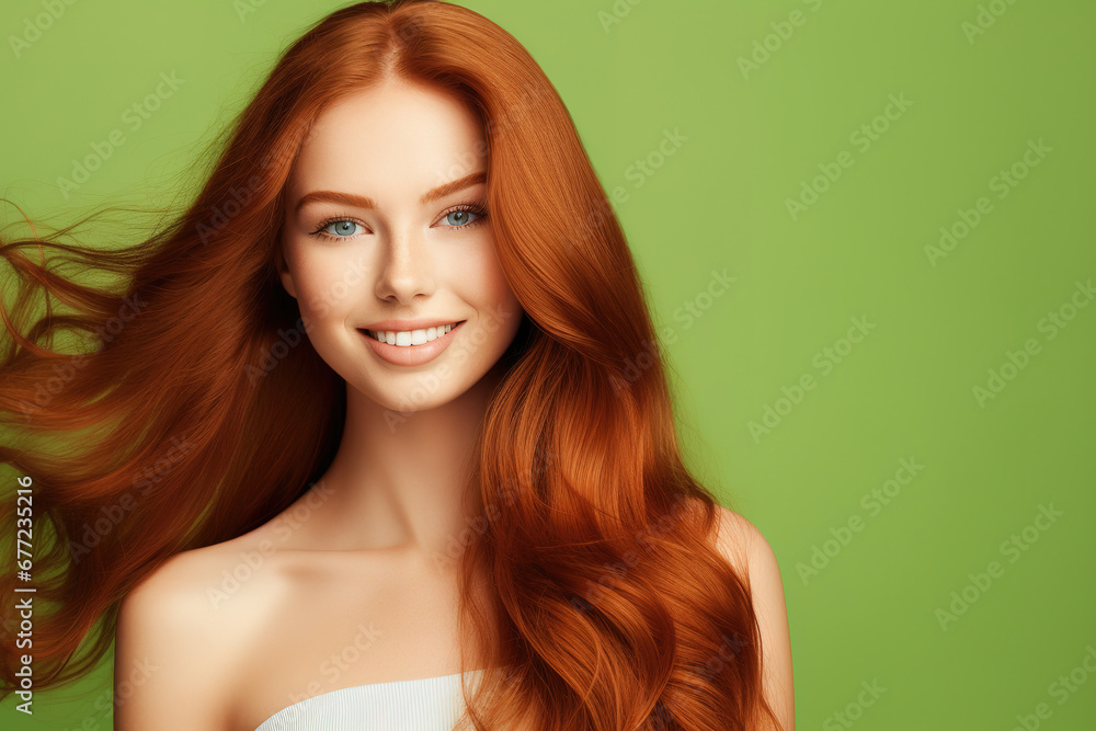 Beautiful elegant european red-haired smiling young woman with perfect skin and long red hair, on a green background, close-up Beautiful elegant european red-haired smiling young woman with perfect skin and long red hair, on a green background, close-up
