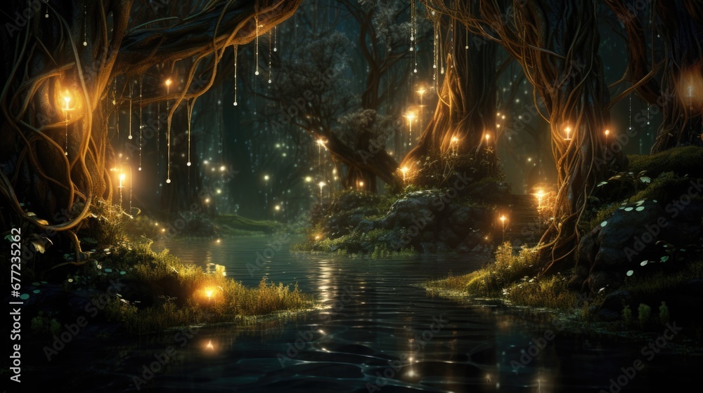Enchanted forest scene with glowing lanterns and serene river at ...