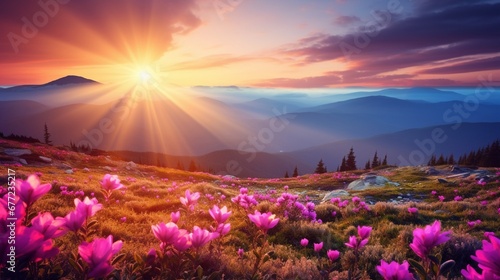 Beautiful fall scenery with pink blossoms in the mountains. Sunrise. © Nazia