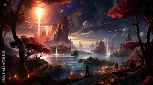 Majestic alien landscape with glowing elements and silhouetted figure, fantasy world exploration.