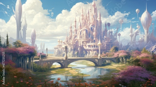 Fairy tale castle with floating structures and vibrant flora in daylight. © Postproduction