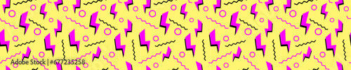 Purple lightning bolts on yellow surface seamless pattern. Electrical abstract symbols with wavy lines and circles for retro decoration and vector design