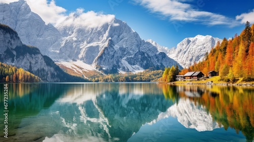 The Vorderer  Gosausee  lake in fall  with the Dachstein glacier in the background. 