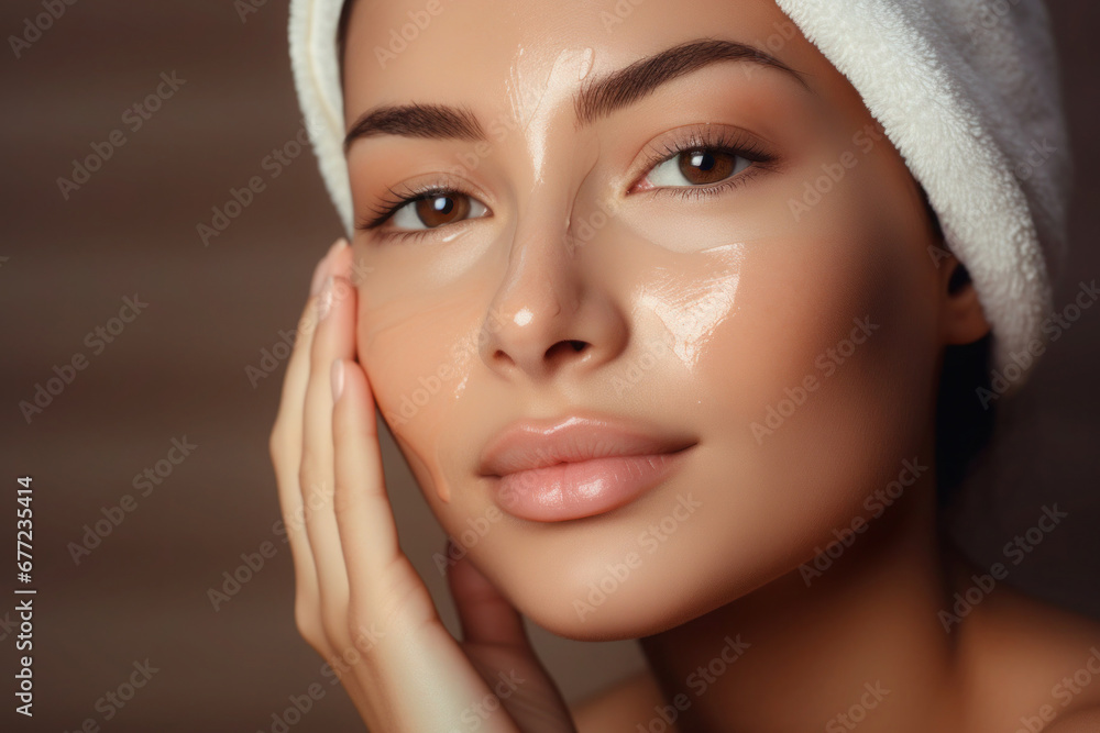 Woman applying moisturizing cream on face skin. Cosmetic procedure. Facial treatment and skin care concept Woman applying moisturizing cream on face skin. Cosmetic procedure. Facial treatment and skin care concept