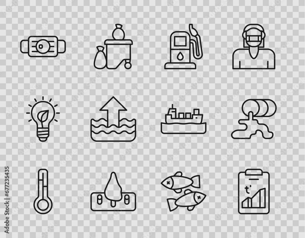 Fototapeta premium Set line Meteorology thermometer, Global warming, Petrol gas station, Deforestation, Medical protective mask, Rise water level, Dead fish and Barrel oil leak icon. Vector