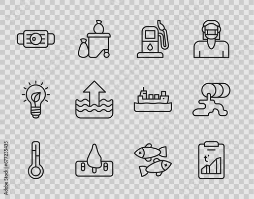 Set line Meteorology thermometer, Global warming, Petrol gas station, Deforestation, Medical protective mask, Rise water level, Dead fish and Barrel oil leak icon. Vector