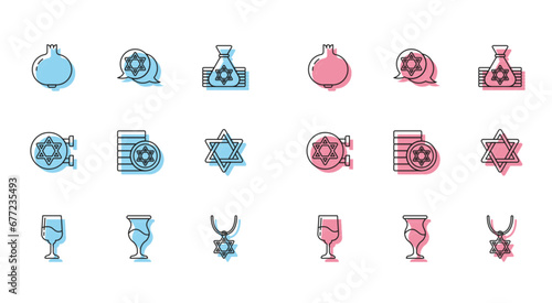 Set line Jewish goblet, Pomegranate, Star of David necklace on chain, coin, synagogue and icon. Vector