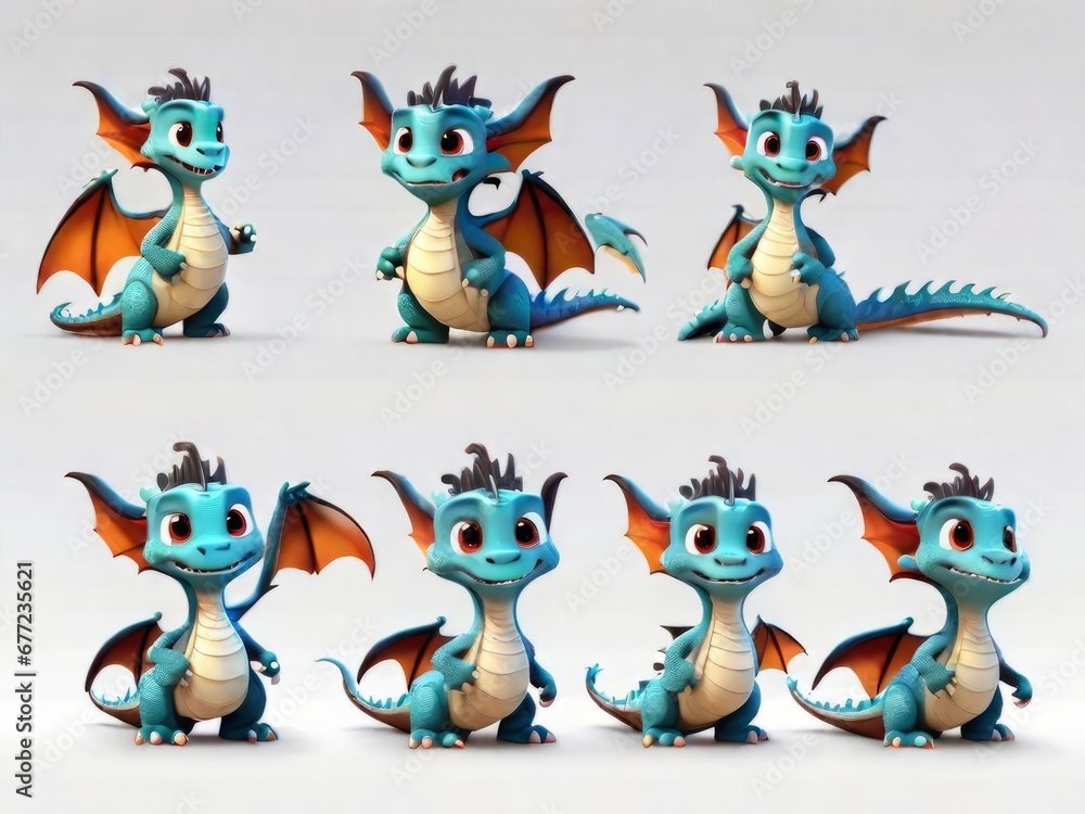 Cartoon dragon with many expressions and poses on a white background