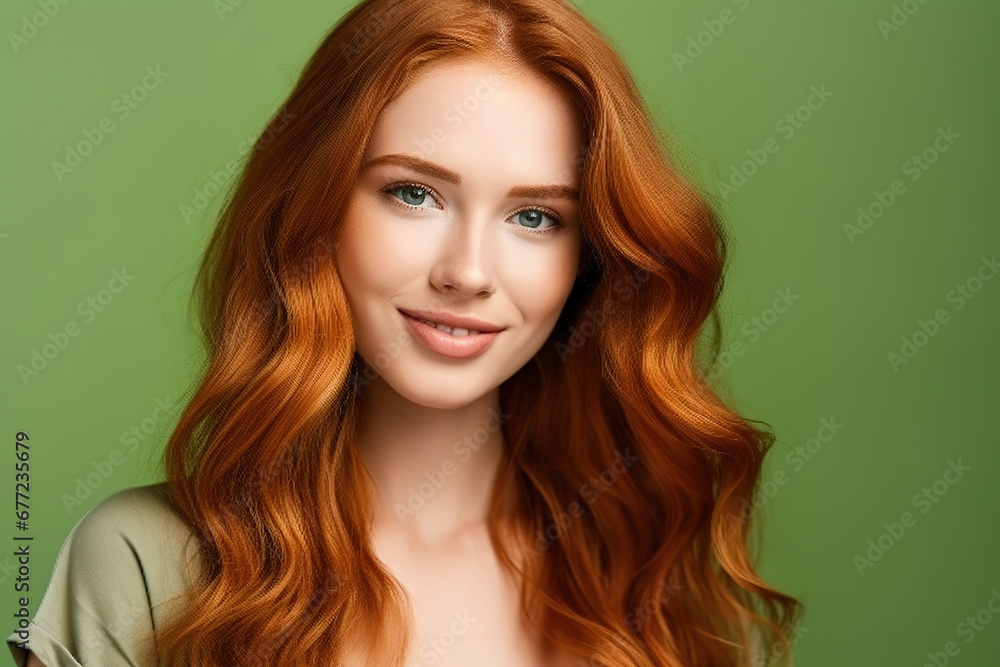 Beautiful elegant european red-haired smiling young woman with perfect skin and long red hair, on a green background, close-up Beautiful elegant european red-haired smiling young woman with perfect skin and long red hair, on a green background, close-up