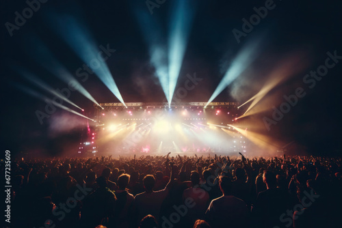 Silhouettes of crowd at concert in front of stage with bright spotlights. Concert hall with musicians on stage and fans during music festival