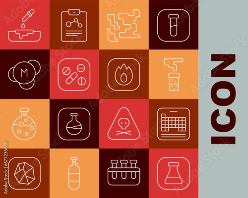 Set line Test tube and flask, Periodic table, Gaseous, Medicine pill or tablet, Molecule, Petri dish with pipette and Fire flame icon. Vector