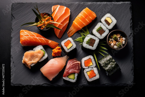 Set of sushi rolls on dark background. Japanese cuisine