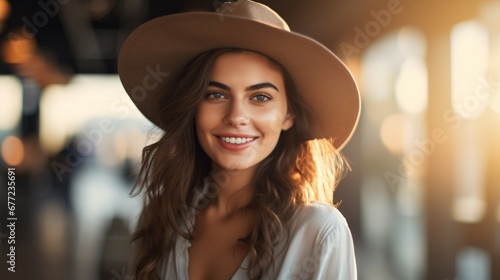 Happy young model makes photo holding camera in hand close-up. Her hair is flying in wind, she is wearing hat. Outdoor photo. © idaline!