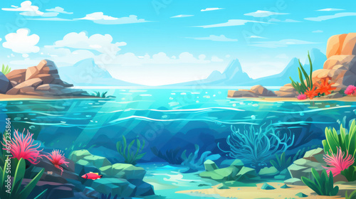 Ocean lagoon underwater landscape illustration in cartoon style. Scenery background.