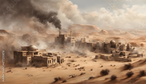 battlefield with and smoke rising, intense, fast-paced, dramatic,, high detail, middle East, sandstone buildings, desert area