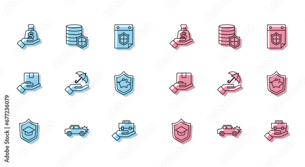 Set line Graduation cap with shield, Car, Money in hand, Hand holding briefcase, Umbrella, Piggy bank, Delivery insurance and icon. Vector Set line Graduation cap with shield, Car, Money in hand, Hand holding briefcase, Umbrella, Piggy bank, Delivery insurance and icon. Vector