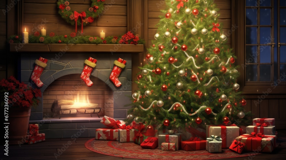 Festive room with glowing fireplace, adorned Christmas tree, and presents. Winter holidays ambiance.