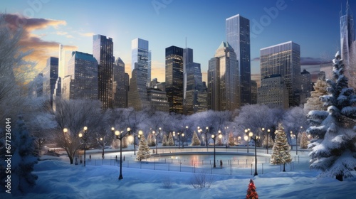 Urban winter landscape with snow covered park and ice rink, City skyline in evening light, Urban architecture and nature. © Postproduction