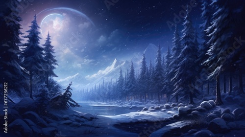 Tranquil night landscape with crescent moon over snowy mountains, dense fir forest. Serene winter nightscape.