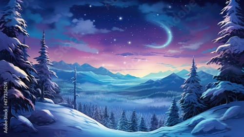 Snow covered trees, starry night sky with crescent, serene winter landscape. Mystical nature beauty. © Postproduction
