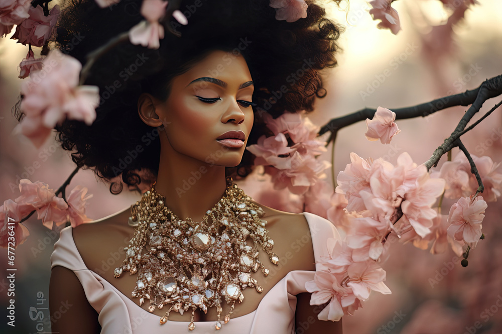 Fototapeta premium African woman wearing gold jewelry necklace earrings set fashion portrait, elegance and sensual looks under flower blossom tree shade with light flare and shadow, Generative Ai