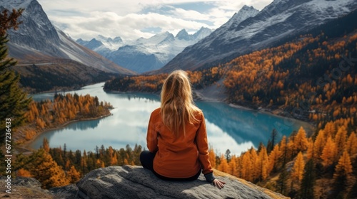 Fotografia Traveler millennial girl in yellow beanie hat with backpack sitting on cliff edge with autumn forest and enjoying beautiful valley view