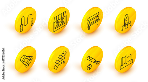 Set line Horizontal bar, Baseball bat with ball, Hopscotch, Badminton shuttlecock, Rocket ship, Bench, Shooting gallery and Jump rope icon. Vector