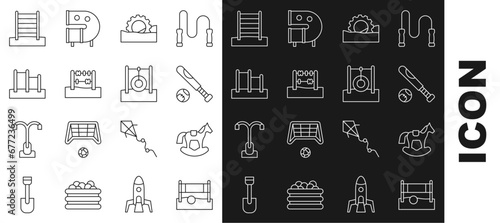 Set line Volleyball net with ball, Horse in saddle swing, Baseball bat, Ferris wheel, Abacus, Horizontal bar, Swedish wall and Car tire hanging rope icon. Vector