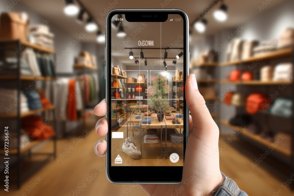 A hand holds a smartphone with an augmented reality (AR) app activated, displaying a virtual overlay of product information and navigation aids in a stylish clothing store - obrazy, fototapety, plakaty 