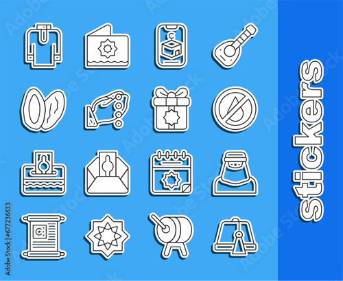 Set line Turkish hat, Muslim woman in niqab, No water, Star and crescent, Hands praying position, Date fruit, Shirt kurta and Gift box icon. Vector