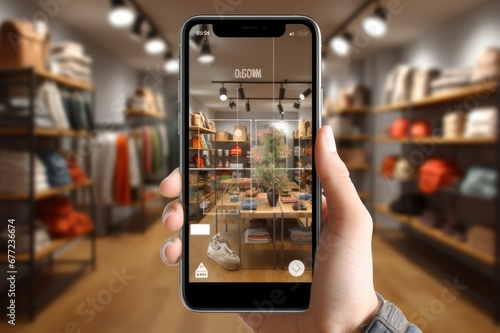 A hand holds a smartphone with an augmented reality (AR) app activated, displaying a virtual overlay of product information and navigation aids in a stylish clothing store photo