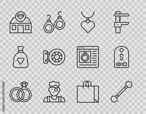 Set line Wedding rings, Piercing, Necklace with heart shaped pendant, Jeweler man, Jewelry store, Shopping bag jewelry and Price tag dollar icon. Vector