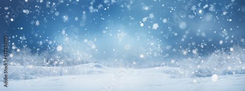 Christmas winter blurred background. Xmas tree with snow decorated with garland lights, holiday festive background. Widescreen backdrop. New year Winter art design, wide screen banner. Generative AI