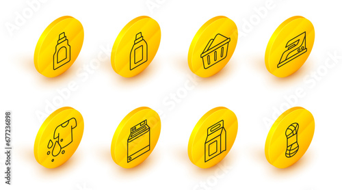 Set line Yarn, Laundry detergent, Washer, Dirty t-shirt, Electric iron, Basin with soap suds, Bottle for cleaning agent and icon. Vector